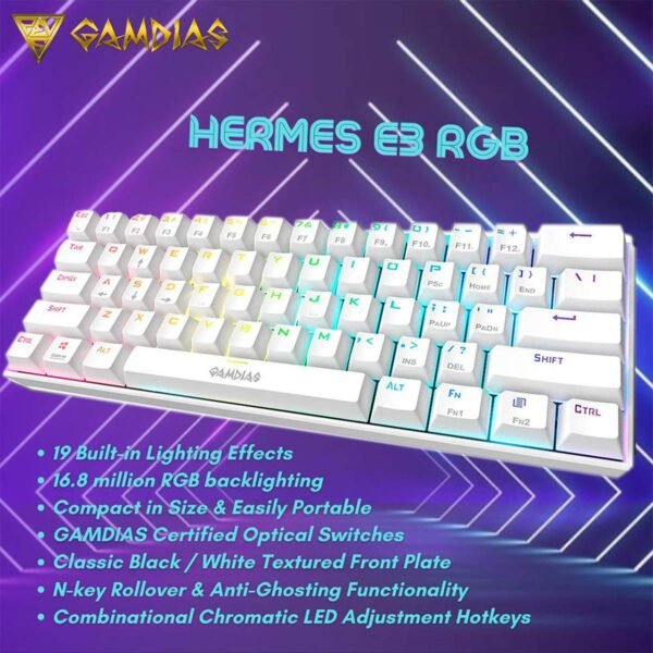 Gamdias Hermes E3 RGB Wired 60 Keys Mechanical Keyboard with Red Switch (White) - Image 3