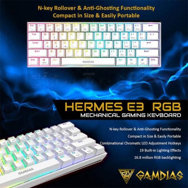 Gamdias Hermes E3 RGB Wired 60 Keys Mechanical Keyboard with Red Switch (White) - Image 2