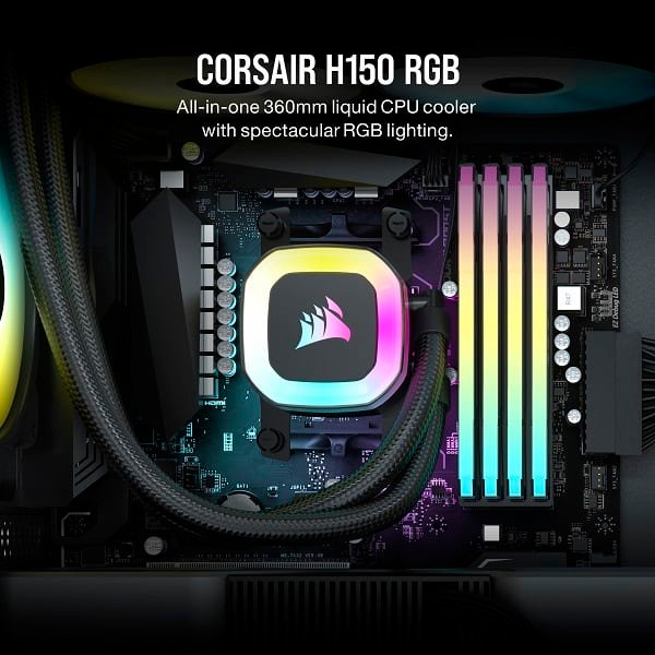 Corsair H150 RGB 360mm All-in-One Liquid CPU Cooler with SP120 RGB Elite PWM Fans (Black) - Image 2