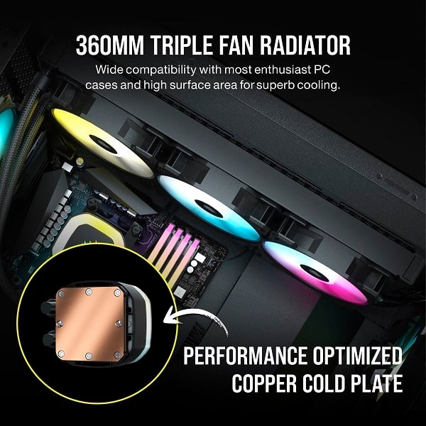 Corsair H150 RGB 360mm All-in-One Liquid CPU Cooler with SP120 RGB Elite PWM Fans (Black) - Image 3